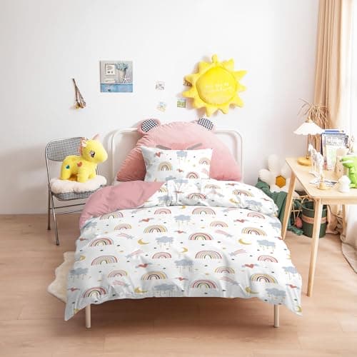 Image of Yasida Kids Rainbow Bedding Girls Single Duvet Cover Set Pink Single Bedding with Stars, Clouds & Moon Design For Kids/Teenager Cute Duvet Cover 135x200cm + Pillowcase 50x75cm Children's Room Decor