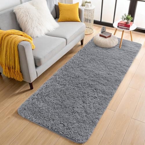 Image of smiry Fluffy High Pile Rugs Living Room, Anti Slip Shaggy Soft Carpet, Machine Washable Modern Large Thick Area Rugs for Bedside, Kids Bedroom - Grey, 80 x 150 cm