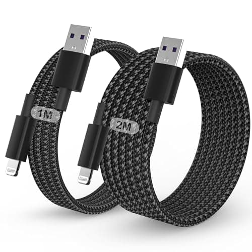 Image of iPhone Charger Cable, 2Pack 1M+2M for Lightning to USB Cable MFi Certified, Fast Charging Braided Lead for Apple iPhone 14/13/12/11/Pro Max/XS/XR/8/7/6/Plus/5 SE, for iPad (Black)