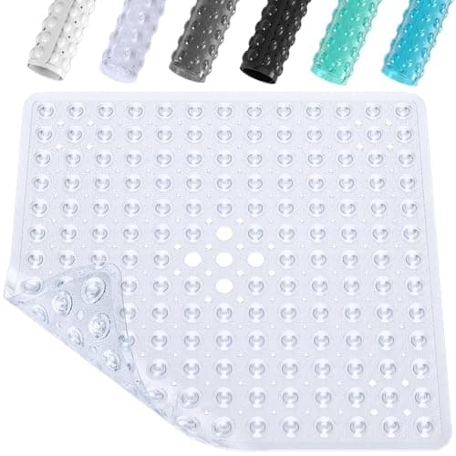 Image of XIYUNTE Shower Mat Non Slip Anti Mould - 53 x 53cm Square Bath Mat Non Slip Shower Mats for Inside Shower, Anti Slip Shower Mat with Strong Suction Cups & Drain Holes, Machine Washable, Clear