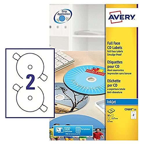 Image of Avery C9660-25 Printable, customisable Glossy Full Face CD Labels, 2 Labels Per A4 Sheet,White,117 mm