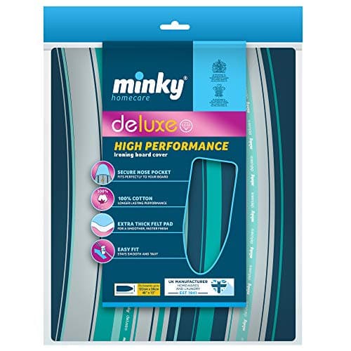 Image of Minky Deluxe Ironing Board Cover, Ironing Board Covers 122 x 38 cm, Drawstring Ironing Board Cover, Extra Thick Felt Pad, 100% Cotton, Washing Machine Save, Made in the UK