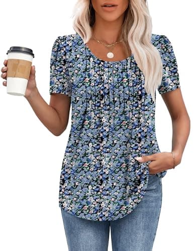 Image of MOLERANI T Shirts for Women UK Round Neck Loose Casual Puff Short Sleeve Summer Tee Tops Front Pleated T Shirt Blue Flower Sea 2XL
