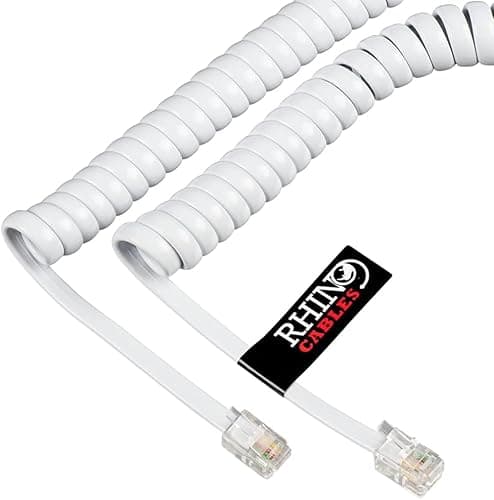 Image of rhinocables RJ10 Spring Handset Cable (5m) Curly Anti-Twist Lead for Home & Business Phone Systems | Gold 4P4C Clips & Copper 4-Core Build for Smooth Call Audio (1 Pack, White)