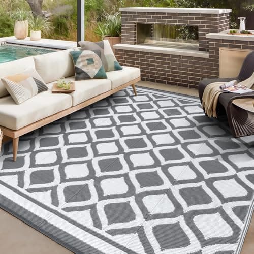 Image of VK·LIVING Outdoor Rugs for Patios Waterproof 150X240cm Reversible Garden Carpet Large Modern Plastic Outdoor Mat Portable Lightweight Area Rugs for Balcony Camping Yard RV Beach Grey&White
