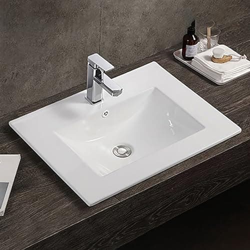 Image of 600mm Inset Bathroom Basin Ceramic White Sink Modern Square Cloakroom Basin Single Tap Hole Vanity Cabinet Mounted Basin Overflow Countertop Basins Wash Bowl Vessel Sink