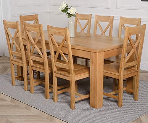 Image of Oak Furniture King Solid Oak Dining Table & Chairs Set 8 Seater Dining Set – Dakota 182 x 92 cm Table with Berkeley Oak Chairs, Wooden Kitchen Furniture, Natural Finish