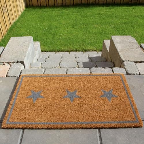 Image of The Rug House Novelty Grey Star Coir Entrance Doormats Anti-Slip PVC Back Durable Decorative Welcome Front/Back Door Mats 45cm x 75cm