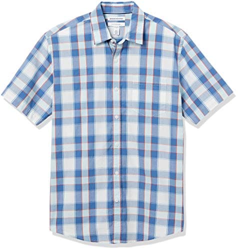Image of Amazon Essentials Men's Regular-Fit Short-Sleeve Poplin Shirt, Blue Checked, S