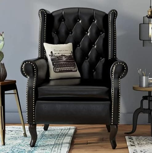 Image of Faux Leather Wing Chair High Back Furniture Queen Anne Chesterfield Armchair Small Black Antique Style Accent Lounge Office Fireside Sofa Seat