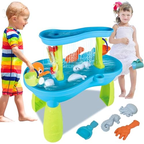 Image of deAO Sand and Water Table for Kids, 2-Tier Sand Pit Outdoor Activities Play Table for Toddlers, Sand Water Toys Summer Beach Toys Backyard Garden Toys for Girls Boys 3+ Years Old