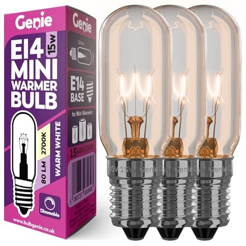 Image of Genie 15W E14 Small Incandescent Glass Light Bulb 230V (Pack of 3) for UK Scentsy Mini Wax Warmers | 2700K Warm White | Dimmable | Pygmy/Small Edison Screw (SES) Base (15, Watts)