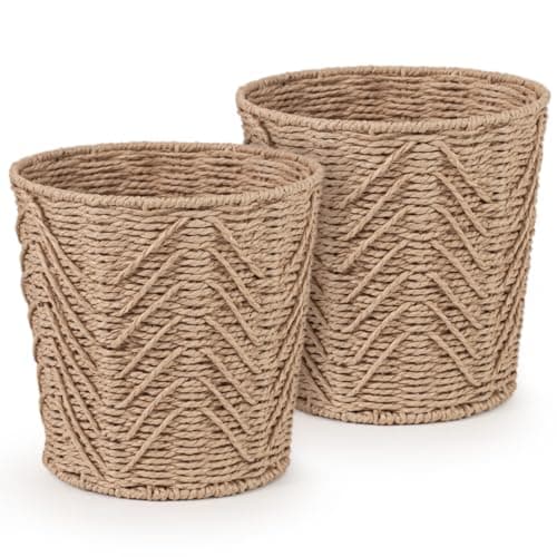 Image of Woodluv Set of 2 Round Handwoven Paper Rope Bins, Decorative Wastepaper Baskets for Home, Closet, or Office Organization, Durable, Stylish & Functional Storage Solution - Khaki