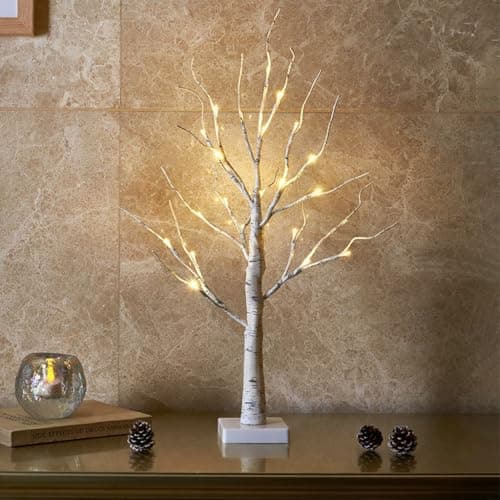 Image of EAMBRITE White Christmas Tree with Lights Mini Birch Twig Tree Ornament with 24 Warm White LEDs Battery Operated Tabletop Decoration for Christmas Home Party Wedding (60cm/2ft)