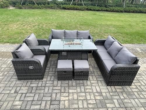Image of FMSGarden Garden Patio Furniture Wicker Rattan Gas Fire Pit Table and Sofa Chair set with 2 Small Footstools
