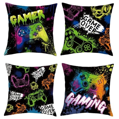 Image of Joymaison Gaming Room Video Game Cushion Covers 45 x 45 Pack of 4 Colorful Controller Gaming Square Throw Pillow Case Gamer Teen Boy Bedroom Playroom Decorative Sofa Cushion with Invisible Zipper