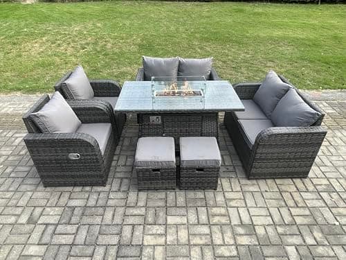 Image of FMSGarden Rattan Outdoor Garden Furniture Sofa Set Gas Fire Pit Dining Table Gas Heater with Love Sofa 2 Small Footstool 8 Seater Dark Grey Mixed