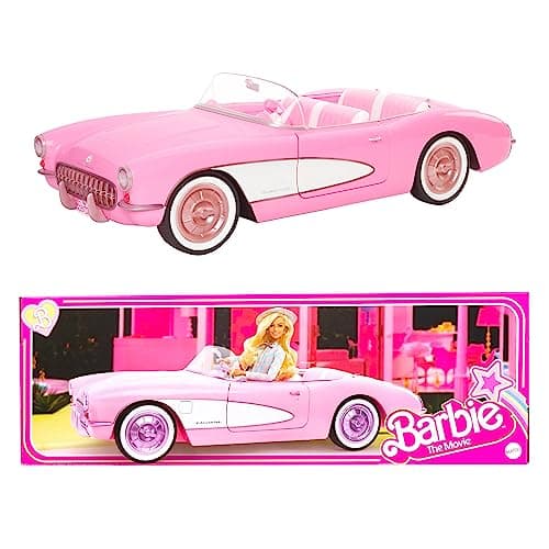 Image of Barbie The Movie Car, Vintage-Inspired Pink Corvette Convertible with White Wall Tires and Trunk Storage, Collectible, HPK02