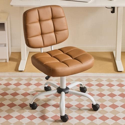 Image of Bonnlo Armless Office Swivel Computer Desk Chair with Wheels, Height Adjustable Vanity Chair without Armrest, Dressing Table Stool for Small Space, Bedroom, PU Leather, Brown