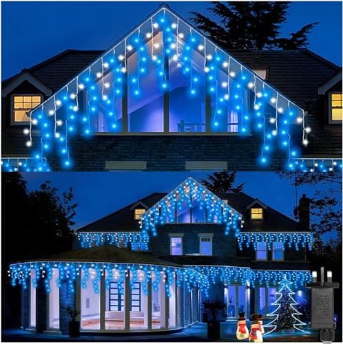 Image of SHATCHI 240LEDs Waterfall Icicle Christmas Lights Blue and Cool White - Multifunction 8 Modes, Timer Clear Cable Indoor/Outdoor Low Voltage Waterproof Curtain Light Christmas Decoration