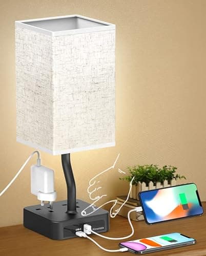 Image of Alimentata Bedside Table Lamp, Touch Control Nightstand Bedroom Lamp with USB C & USB A Charging Ports, 2 Way Outlets, Minimalist Brown Fabric LED Desk Night Light for Living Room Office