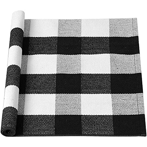 Image of sourcing map Cotton Plaid Door Mat, Black & White Area Floor Rugs, Checkered Carpet for Indoor/Outdoor, Woven Washable Buffalo Mat, Retro Doormat Runner Rug for Front Porch/Kitchen 24"x35"