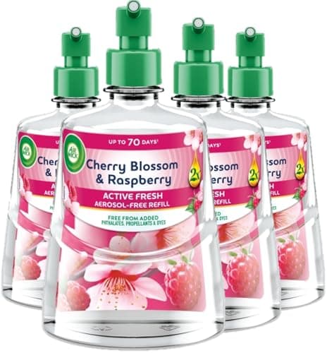 Image of Air Wick Cherry Blossom & Raspberry Aerosol-Free Automatic Spray Refill 228ml, Pack of 4, Lasts up to 70 Days, Air Freshener