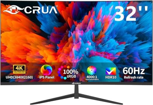 Image of CRUA 32 Inch 4K UHD IPS Monitor, 3840×2160, 60Hz, 100% sRGB, AMD FreeSync, Eye-Care Tilt Display, 178° Wide View, HDMI & DisplayPort, VESA 100x100, Ultra HD Gaming & Office Screen – Black