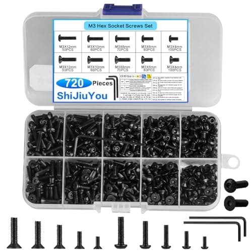 Image of 720 Pcs M3 Screws Set, Metric Black Bolts, Flat Countersunk Hex Socket Screw Set & Round Pan Head Hex Socket Head Cap Screws Bolts, Machine Screwsset, with 2 Wrenches