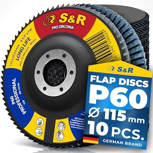 Image of S&R Pro Zirconia Flap Discs Set of 10-115 x 22.23 mm, P60 for Steel and Stainless Steel Grinding, Professional Grinding Discs for Ultimate Precision and Durability