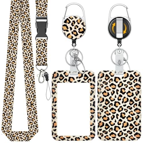 Image of Uniclife Fashionable Sliding Badge Holder Leopard Print Plastic Card Holder with Retractable Badge Reel Carabiner & Detachable Lanyard Vertical Card Protector for Office Teacher