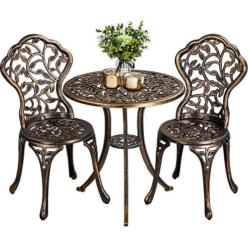 Image of Yaheetech 3-Piece Bistro Dining Set, Outdoor Patio Table and Chairs Antique Aluminium Furniture for Garden Backyard Porch Balcony Lawn Pool, Bronze