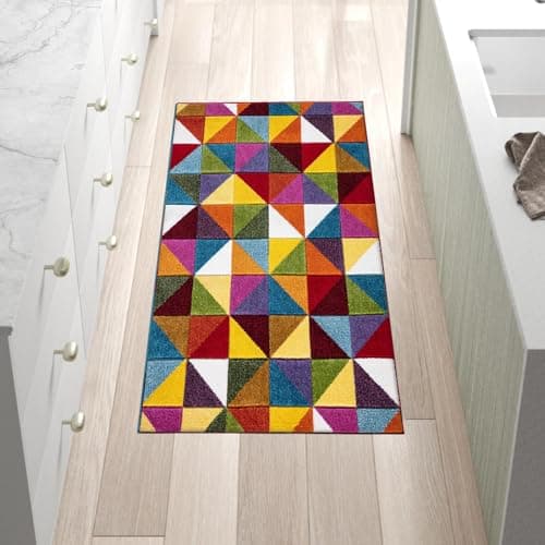 Image of renoazul® Multicoloured Area Rug forLiving Room, Hallway, Bedroom and Office, 80 x 150 cm, Geometric Triangle, Soft Thick Pile Fluffy Thick Plush Geometric Pattern Rug