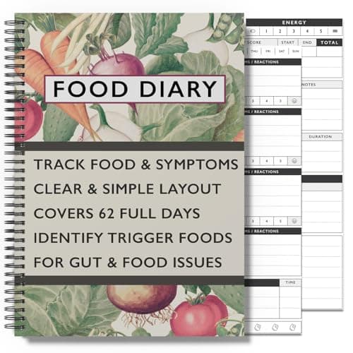 Image of Food Diary and Symptom Log: A5 Food Diary Journal Daily Tracker for Meals, Mood, IBS, IBD, Crohns & other Symptoms. Including Water, Exercise, and Well-Being - 2 months (62 days)