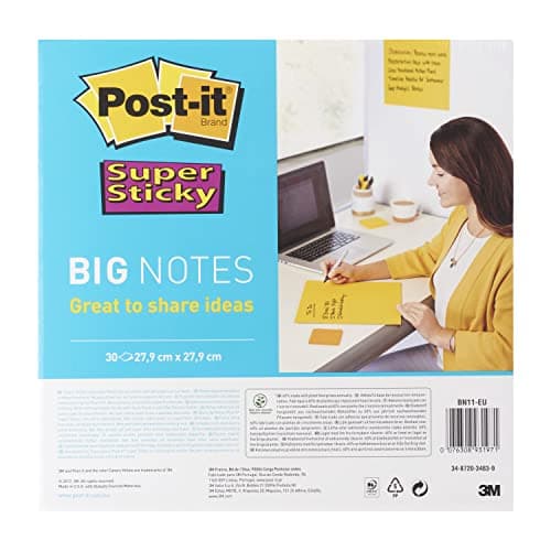 Image of Post-it Super Sticky Large Notes, 30 Sheets, 1 Pad, 279 mm x 279 mm - Holds Strong to Many Surfaces - Yellow - for Walls, Monitors and Fridge, Recycable