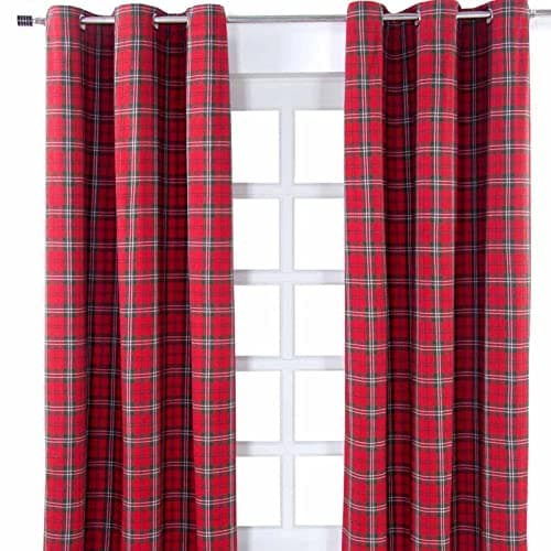 Image of HOMESCAPES Pair of 100% Cotton Curtains - Edward Tartan Check - Red Green - 137 x drop 182 cm - 72 Inch Drop - Eyelet Ring Top Hand Woven - Heavy Not Lined