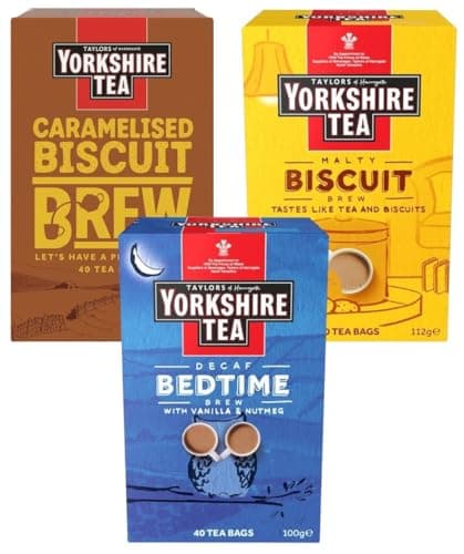 Image of Yorkshire Tea Variety Pack x40 Tea Bags - Malty Biscuit, Decaf Bedtime, Caramelised Biscuit Brews (Pack of 3, Total 120 Tea Bags)