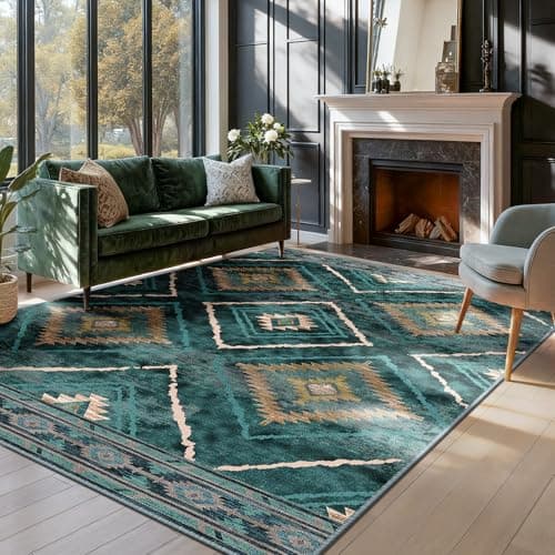 Image of DEFYNEE Machine Washable Rugs Living Room 120x180 cm, Kitchen Rugs Non Slip Washable, Soft Short Pile Vintage Green Rugs for Bedroom, Moroccan Rug for Hallway, Diningroom, Teal/Green