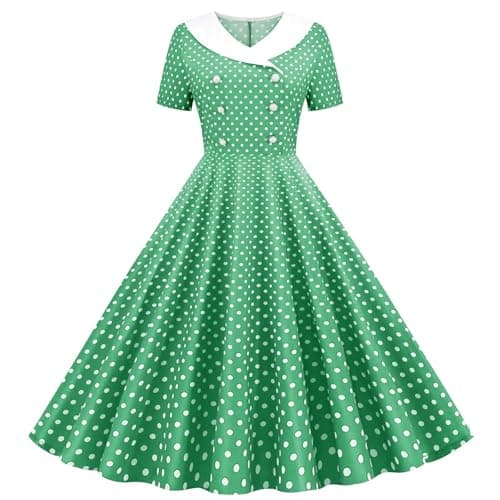 Image of Summer Dresses for Women UK Polka Dot Dress Vintage Floral Swing Skater Party Evening Dress 1950s Audrey Hepburn Retro Dresses Going Out Wedding Guest Green
