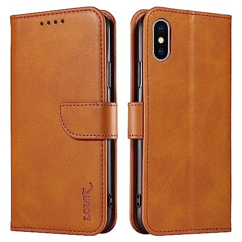 Image of LOLFZ Wallet Case for iPhone X/XS - Vintage Leather Book Case with Card Holder Kickstand Magnetic Closure Flip Case Cover - Light Brown