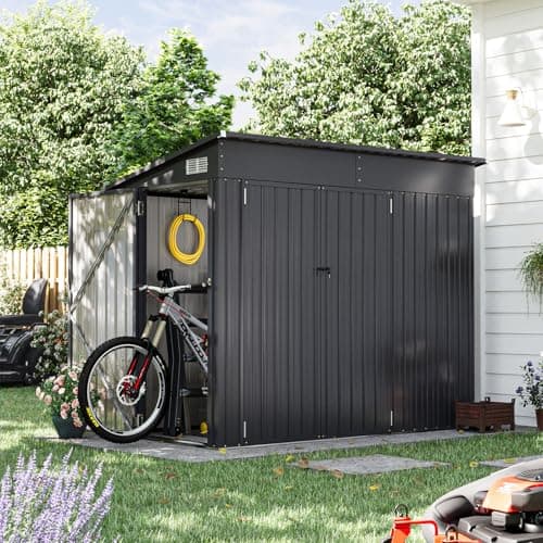Image of Aoxun 8x4ft Outdoor Storage Shed for Garden, Bike & Backyard – Metal Pent Roof, Weatherproof, Triple Lockable Doors (234×131×185 cm, Black)