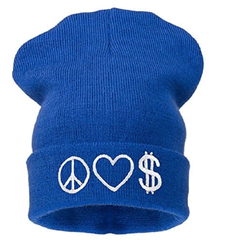 Image of 4sold Men's Women's Beanie Hat Winter Warm Black Bad Hair Day Fun (Peace Love Money (Blue))