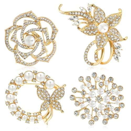 Image of Crystal Flower Brooch Set of 4 - Crystal & Pearl Bridal Brooches for Women | Wedding, Party, Prom Corsage Pin | Elegant Gift for Her, Suitable for Dress, Coat, Blazer