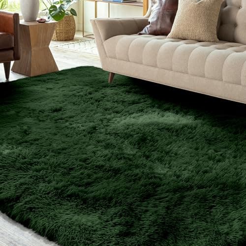 Image of XSIVOD Soft Area Rugs for Living Room, Plush Fluffy Bedroom Rug, Non-slip Shaggy Rugs for Dorm Teens Room Decor, Modern Indoor Furry Carpets for Playroom Study Office, 160x230 cm, Dark Green