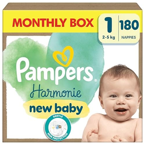 Image of Pampers Harmonie Nappies Size 1, 180 Nappies, 2kg-5kg, Monthly Pack, Gentle Skin Protection with 100 Percent Pampers Protection