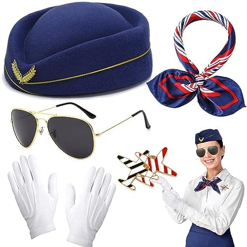 Image of Beamely 5Pcs Airline Stewardess Costume Accessories Set, Flight Attendant Fancy Dress Kit with Stewardess Hat Scarves Brooch Sunglasses Gloves Cosplay Outfit for Adults Cosplay Dress up Party