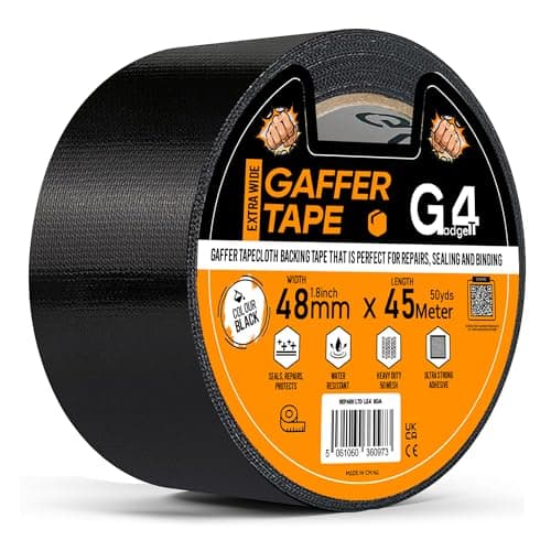 Image of G4GADGET Gaffer Tape Black - 48mm x 45m (1 Roll) - Heavy Duty Duct Tape, Waterproof Adhesive Cloth Tape, Tear-Resistant and Multi-Purpose for Indoor Outdoor Use