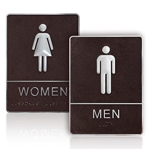 Image of Men and Women Restroom Sign with Braille, 2pcs Toilet Sign for Business Bathroom Signs with Double Sided Tape for Business Company Home Hotel Shopping Mall (Brown)