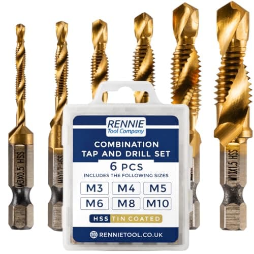 Image of Rennie Tools - 6 Piece Combination Tap And Drill Set Titanium Coated M3 M4 M5 M6 M8 M10 Hex Shank Metric Coarse