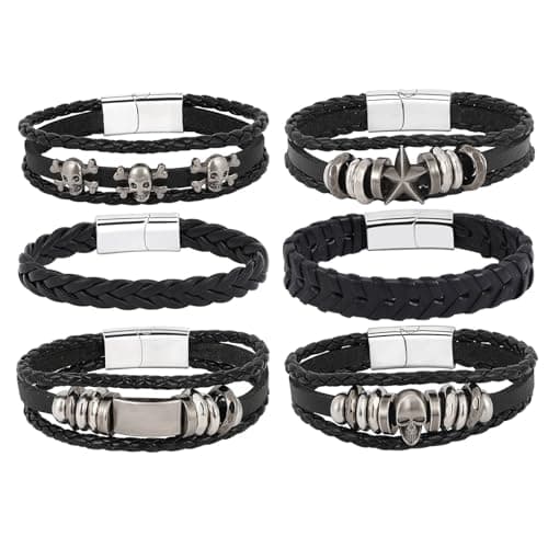 Image of MILAKOO Mens Leather Punk Gothic Bracelets with Stainless Steel Clasp Women Cuff Skull Style Wristband